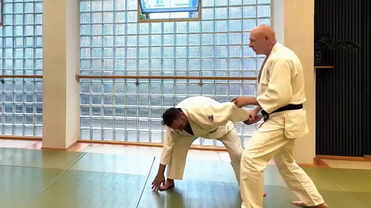 Ein Aikidoka hält den Arm seines nach vorn gebeugten Partners in einer kontrollierten Position