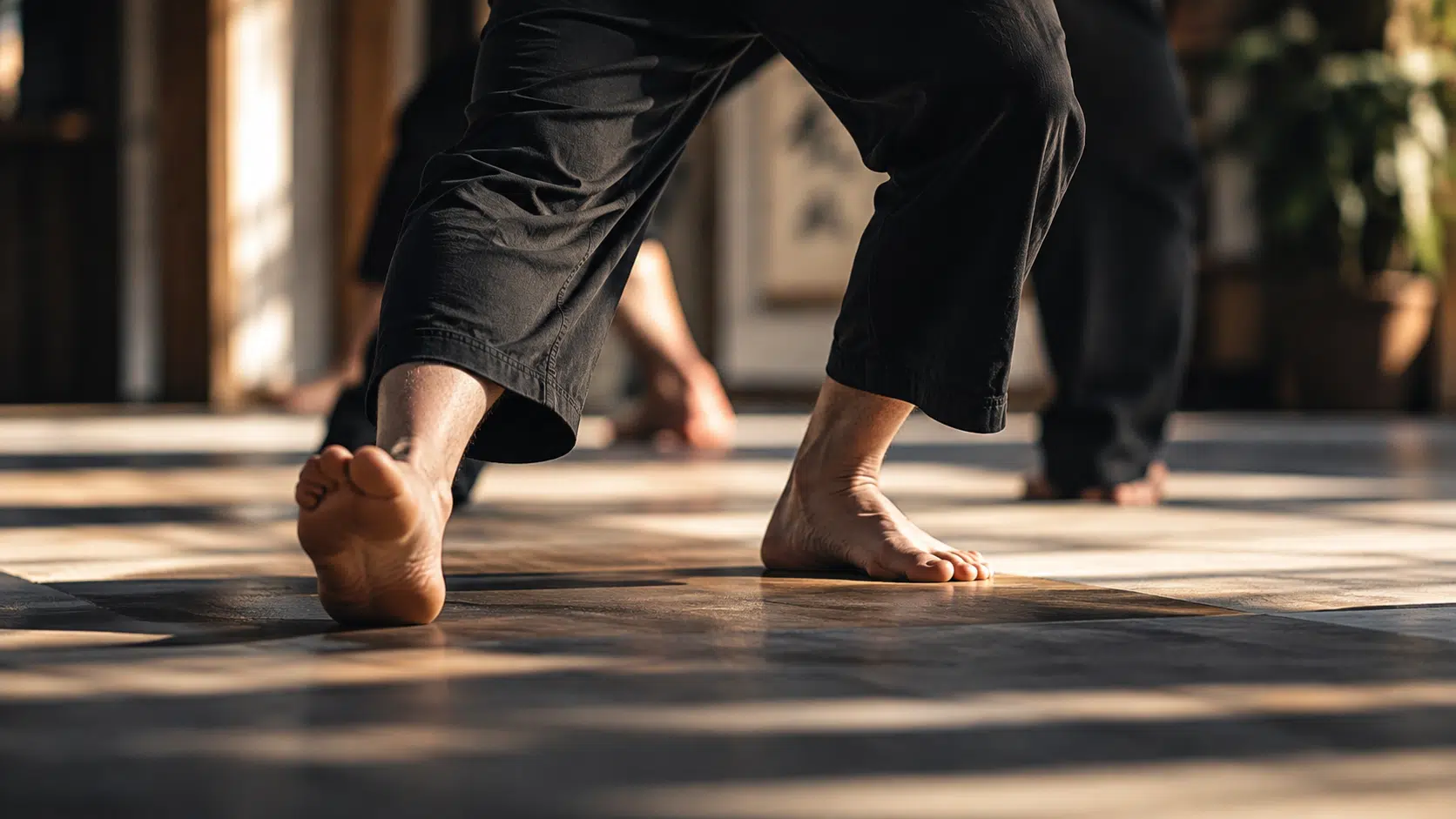 Barfüßige Bewegung auf dem Holzboden im Dojo