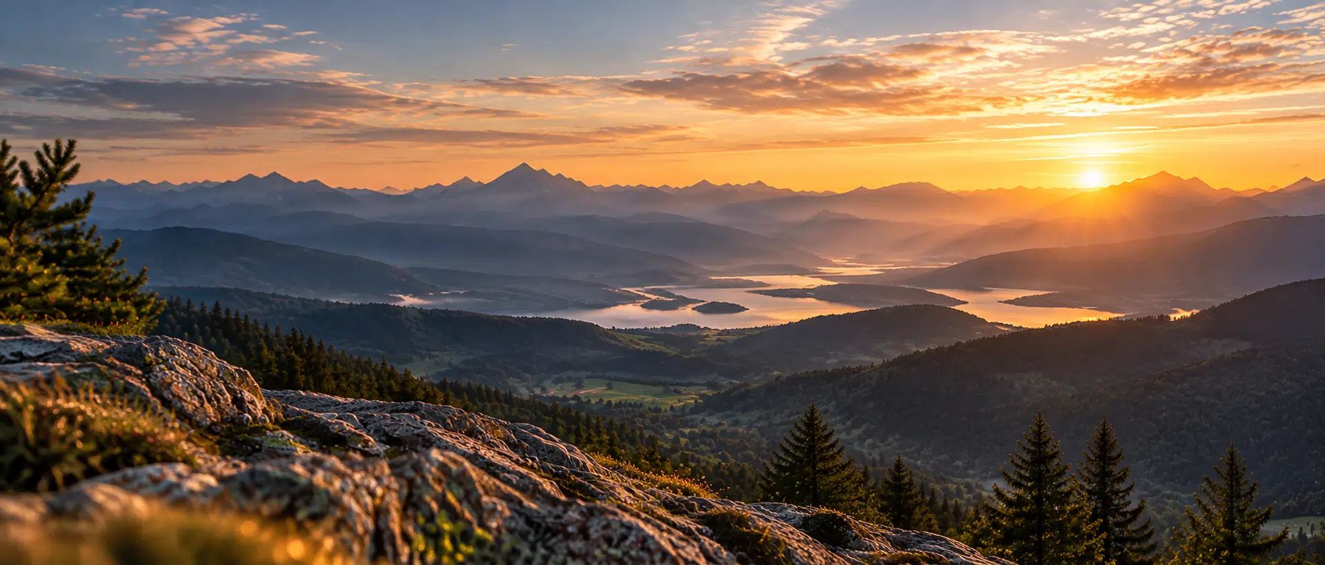 Panoramablick über Berge und See im Abendlicht